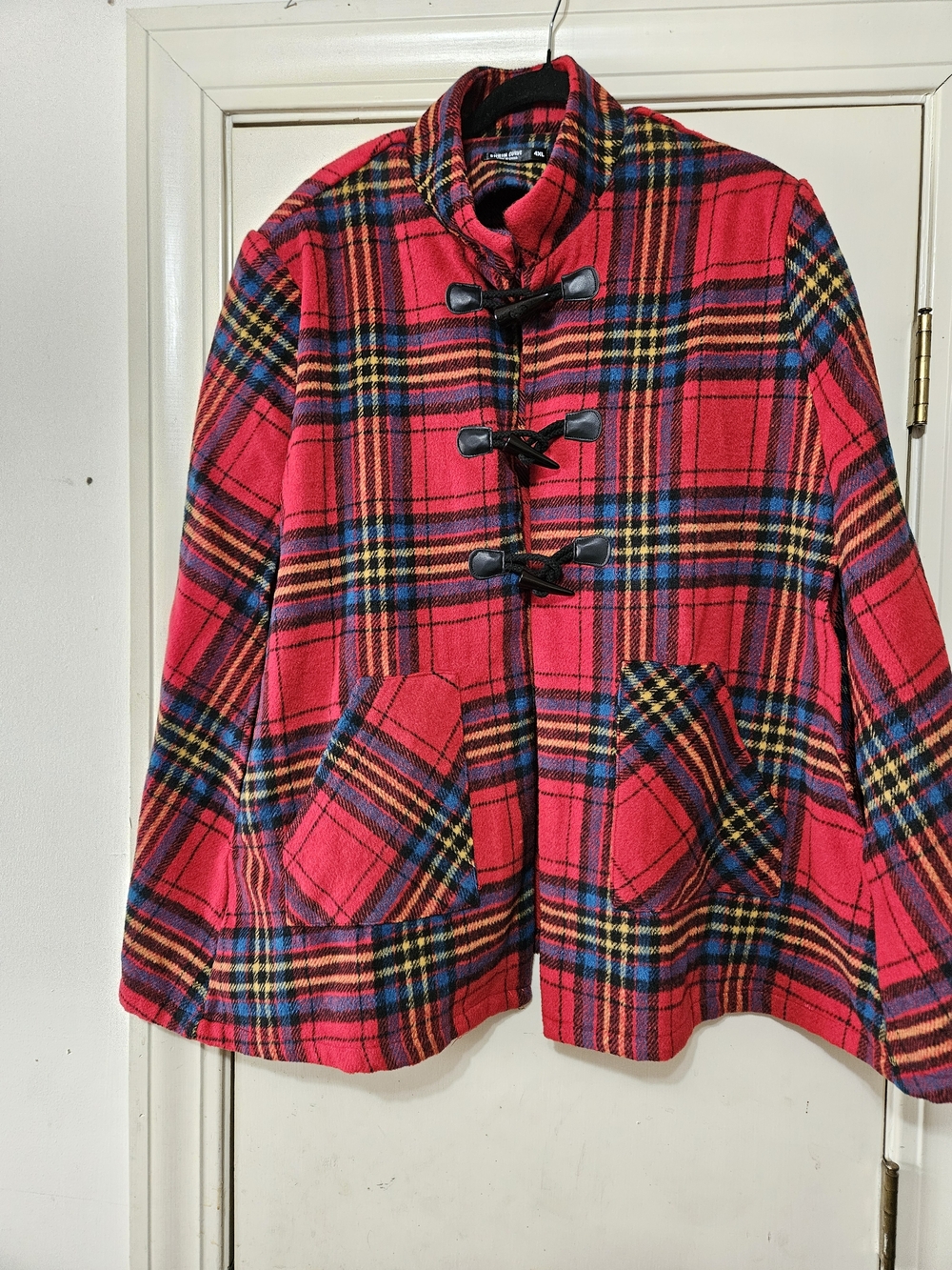 Red Plaid Toggle Poncho Coat